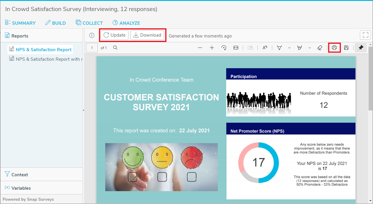 Analyze tab for the customer satisfaction survey created showing the NPS and Satisfaction Report with the Update, Download and Print buttons highlighted