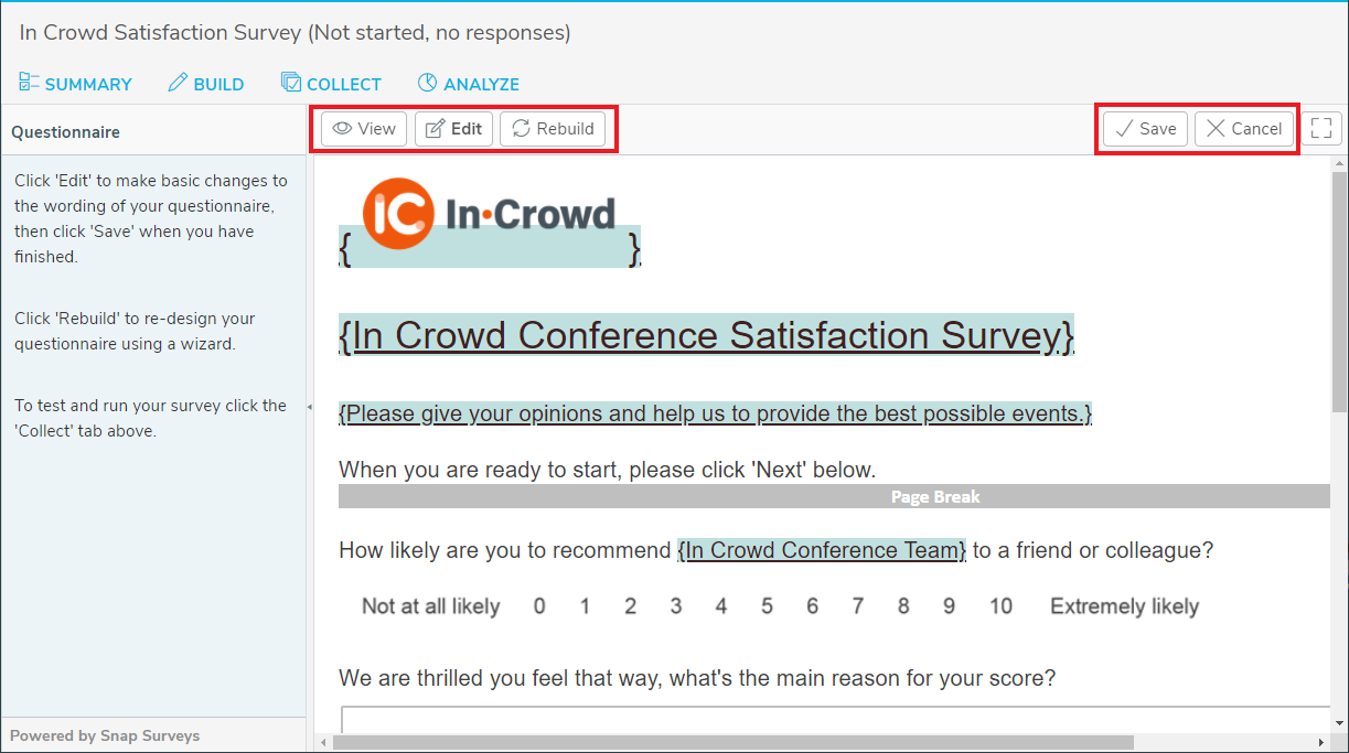Build tab for the customer satisfaction survey created