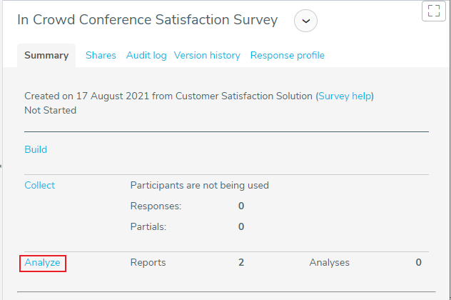 Summary tab for the customer satisfaction solution created with the Analyze link highlighted