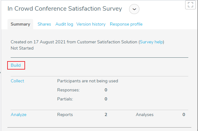 Summary tab for the Satisfaction Solution created with the Build link highlighted