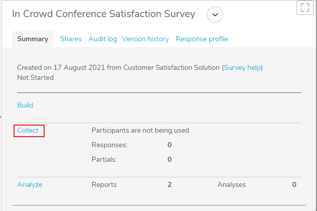 Summary tab for the customer satisfaction solution created with the Collect link highlighted