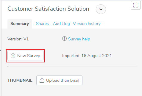 Summary tab for the Customer Satisfaction Solution template with the New Survey button highlighted