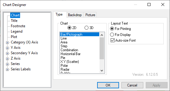 Chart designer showing the chart type selection