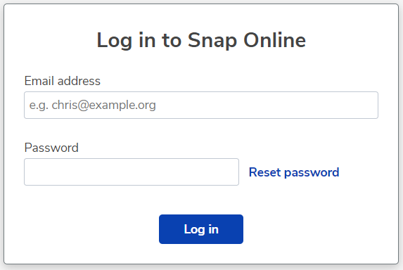 Logging in to Snap Online dialog showing an email address and password text input fields, reset password link and a button with the words Log in.