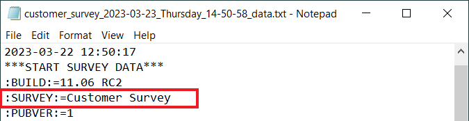 Notepad showing a Snap WebHost data response file with a red box highlighting the words ":SURVEY :=Customer Survey"