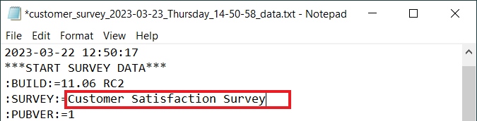 Notepad showing a Snap WebHost data response file with a red box highlighting the words "Customer Satisfaction Survey"