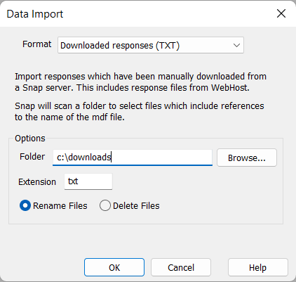 Data Import dialog with the format set to Downloaded responses, the folder set to c:\downloads, the extension set to txt and the Rename Files radio button is selected