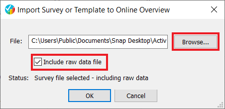 Import Survey dialog with red boxes highlighting the Browse button and the Include raw data file check box