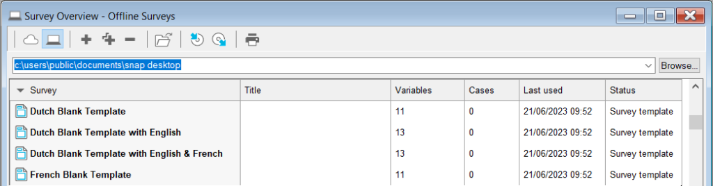 The Survey Overview window showing the offline surveys