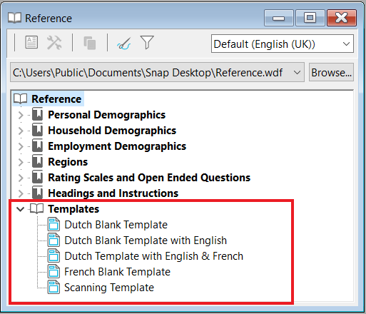 Reference window with a red box highlighting the Templates folder containing the European templates