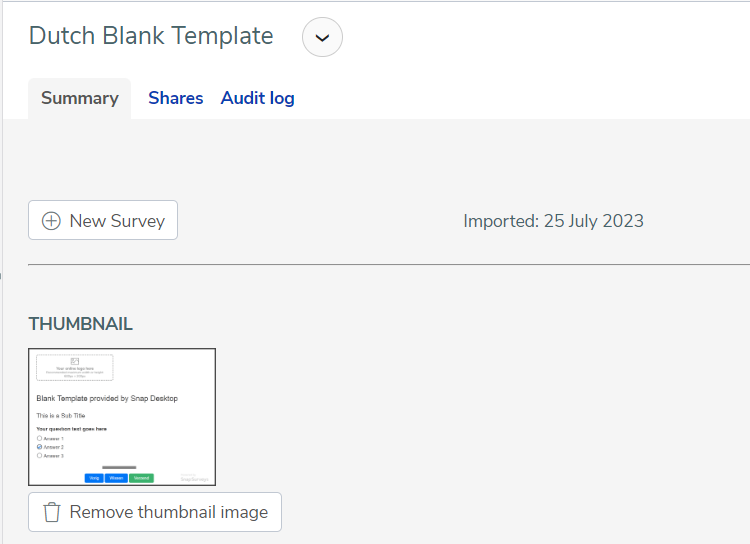 The Snap XMP Online Template Summary section displaying the uploaded thumbnail
