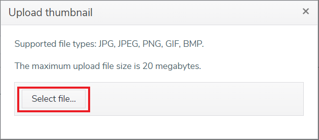 The Upload thumbnail dialog with a red box highlighting the Select file button