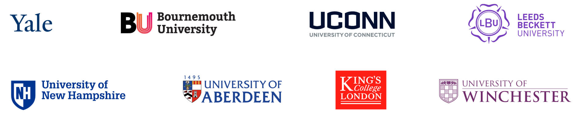 Yale, Bournemouth University, University of Connectitcut, Leeds Beckett University, University of New Hampshire, University of Aberdeen, King's College London, University of Winchester