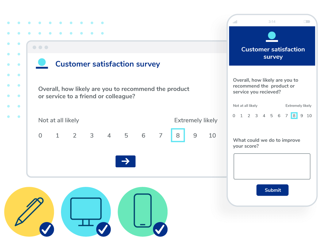 Paper, computer and smartphone symbols. Tablet and smartphone devices featuring thee same customer satisfaction survey formatted for the specific devices.