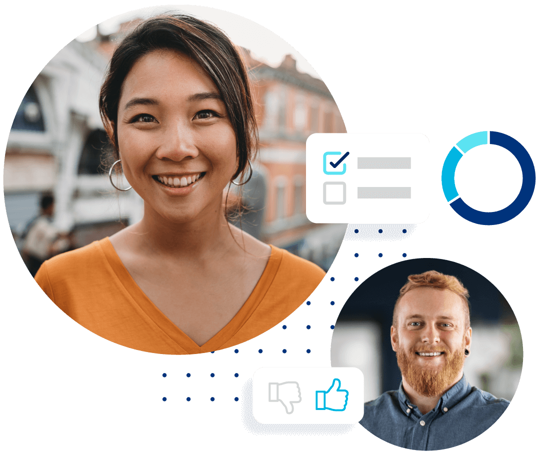 Photos of 2 smiling people, a man and woman, next to images of checkboxes, up and down thumb symbols, and pie charts