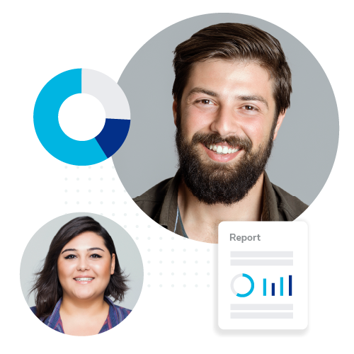 Two people, a man and woman, smiling. Images of a pie chart and survey report next to them.