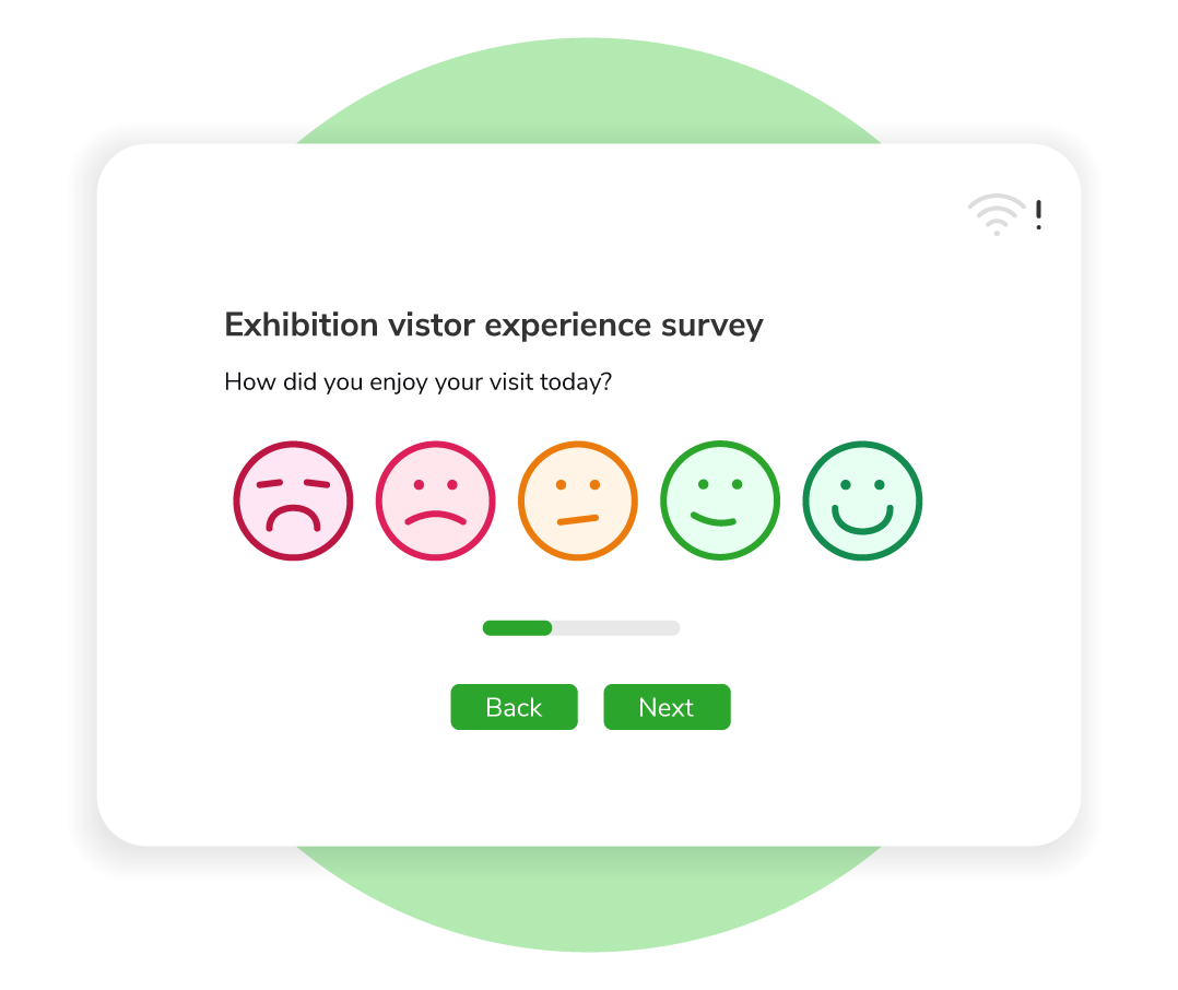 Tablet showing a smiley face scale in a visitor experience survey.