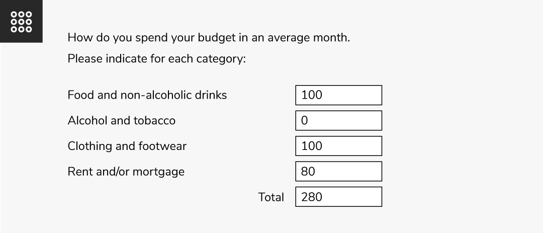 A calculation survey question. Numeric answers are automatically added up to give a total answer.