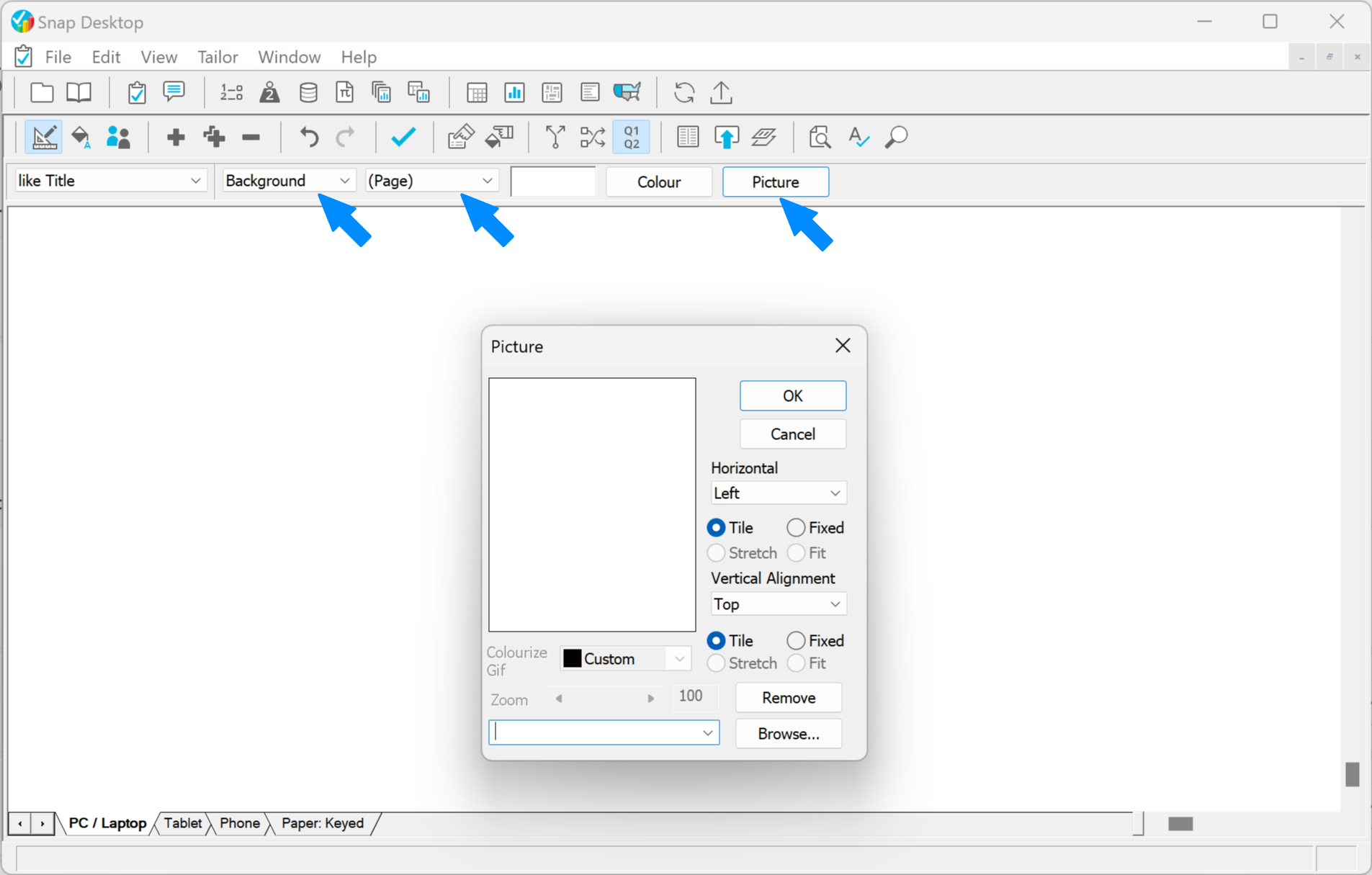 Snap XMP Desktop, opening background picture dialog