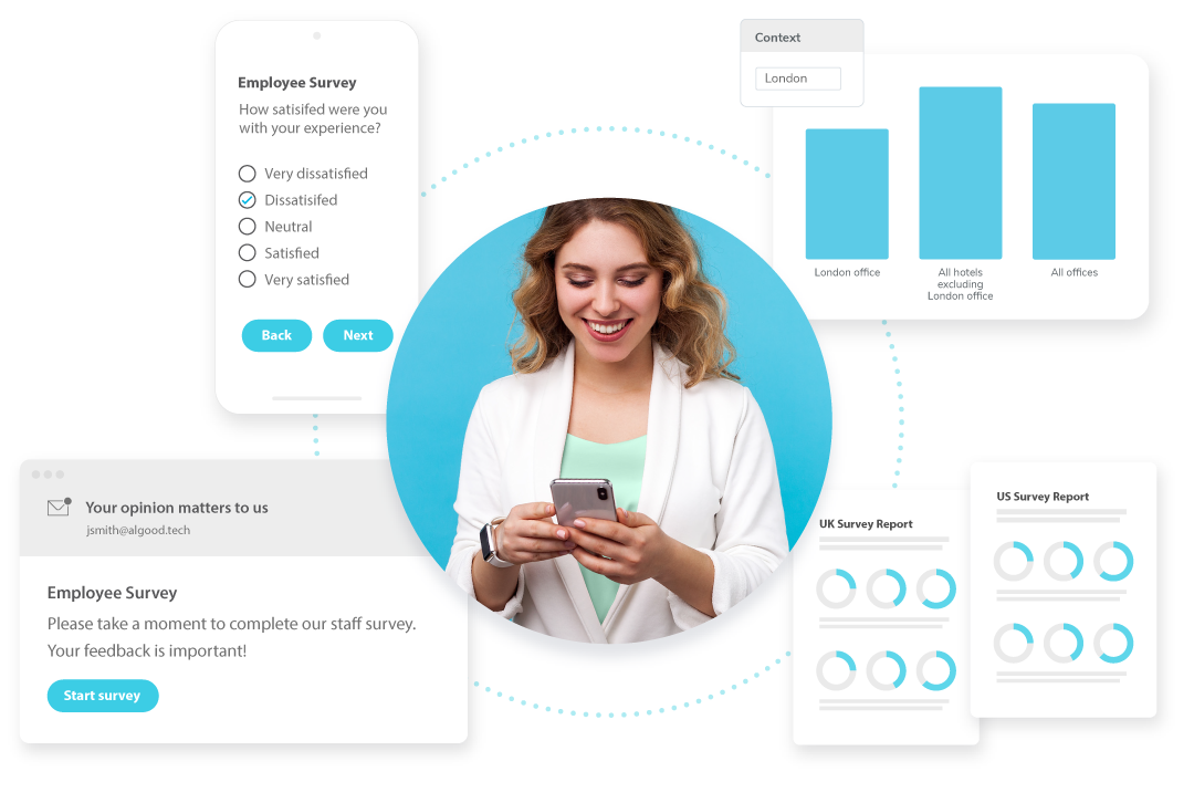 Young professional woman using smartphone surrounded by illustrations of the survey creation and analysis process.