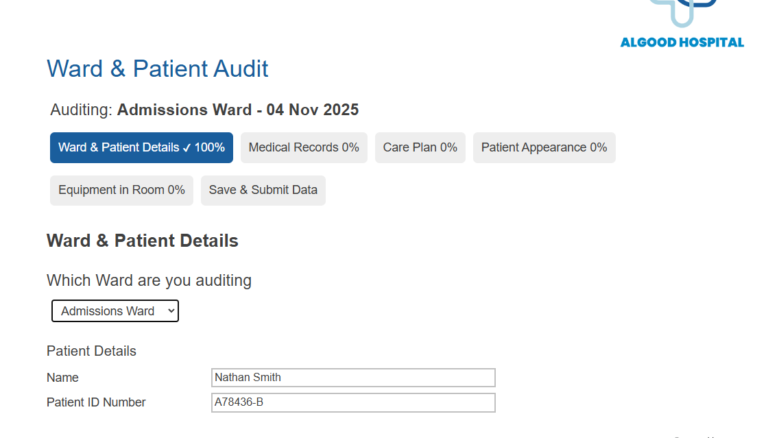 ward and patient audit survey feature tabbed sections