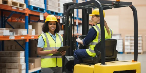 2 female employees working in a warehouse with a forklift truck