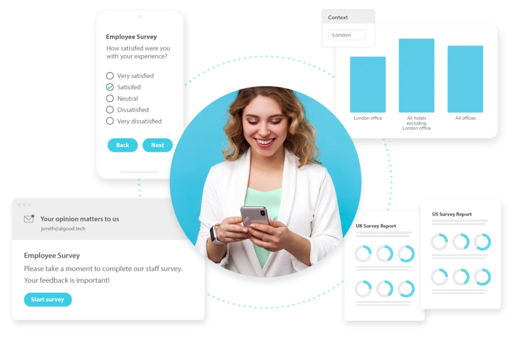 Young professional woman using smartphone surrounded by illustrations of the survey creation and analysis process.