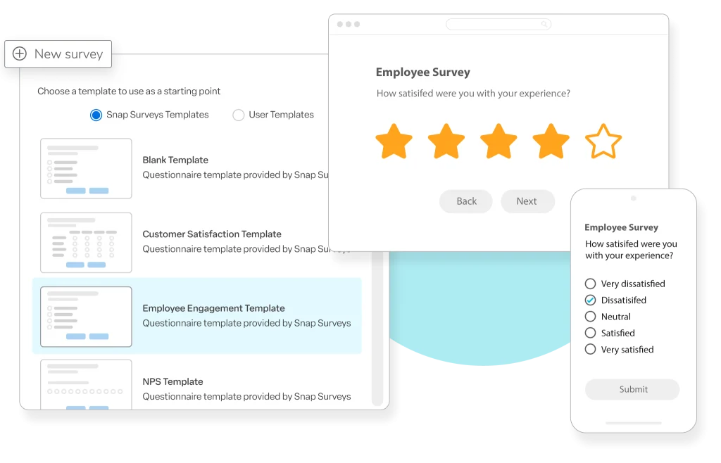 Snap XMP New Survey creation process showing survey templates and multi-mode surveys