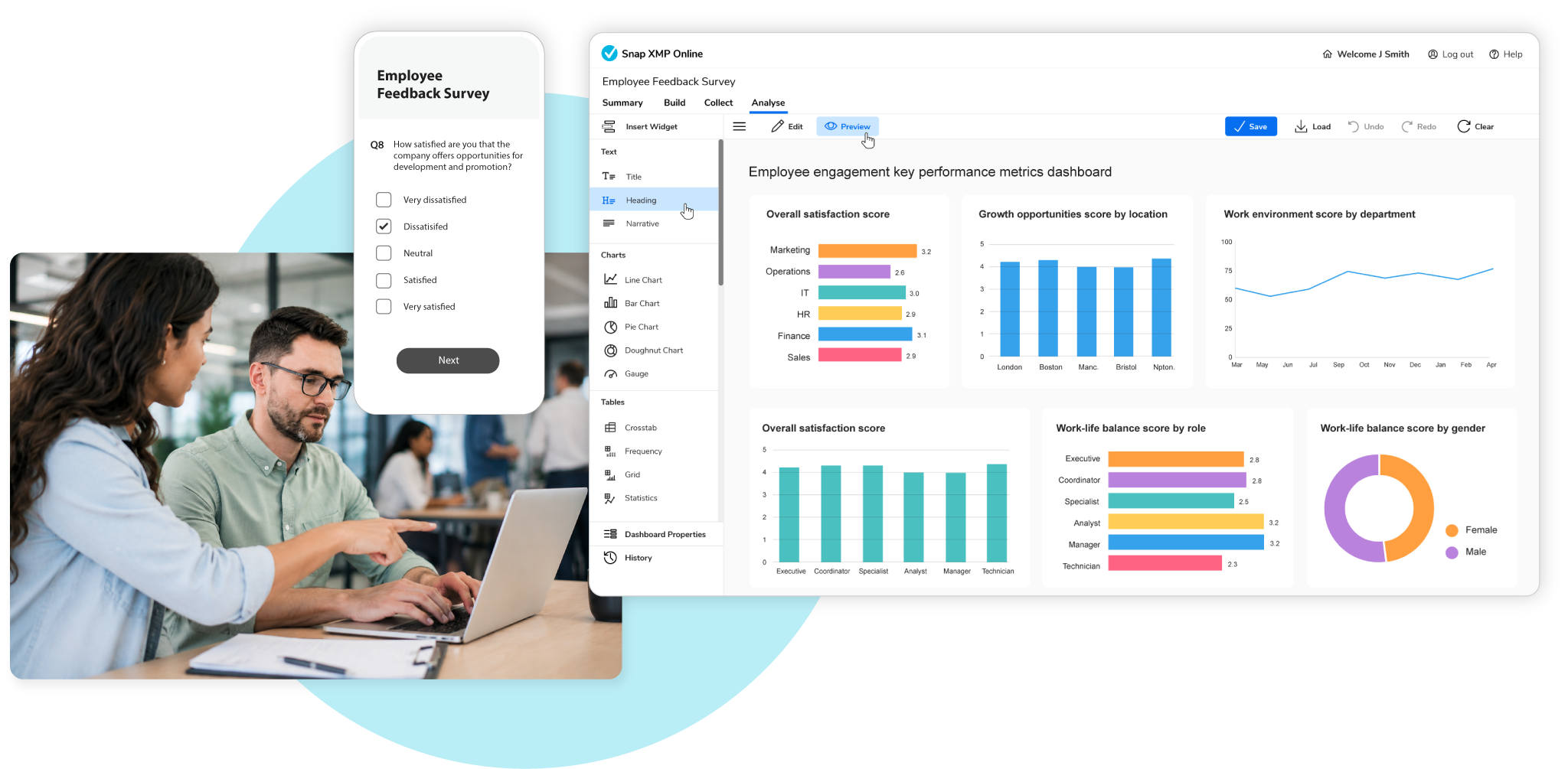 Team working on employee feedback mobile survey with survey results dashboard shown as screenshot