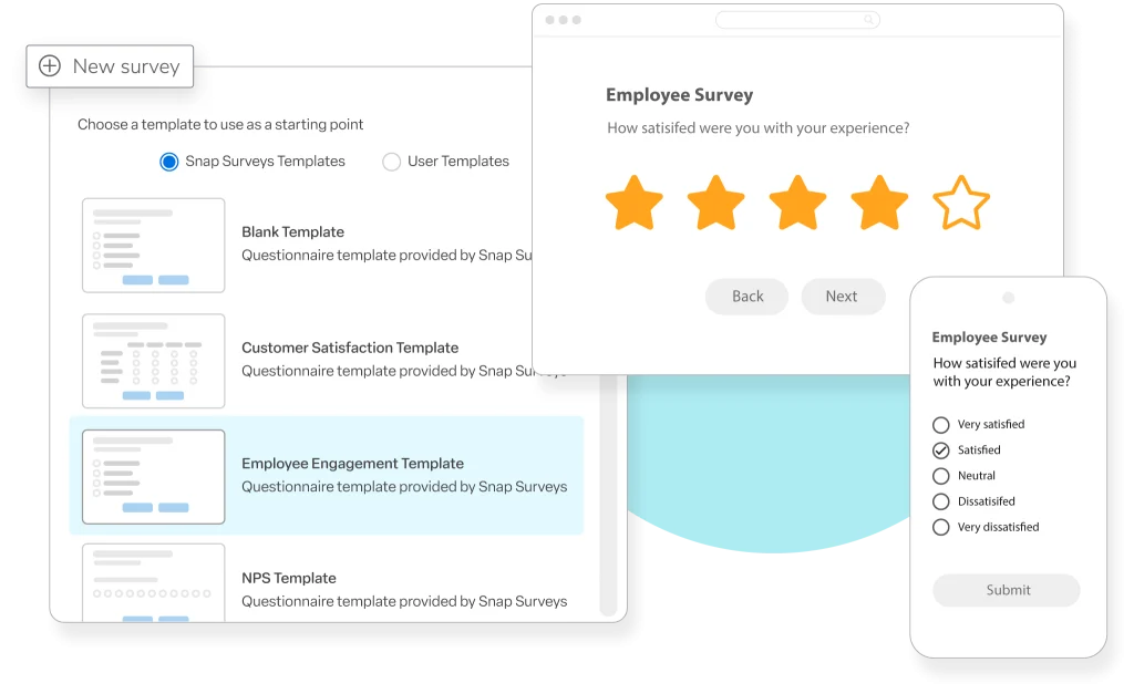 New Survey creation process showing survey templates and multi-mode surveys, with a star rating survey overlaid, and a mobile screen showing the survey