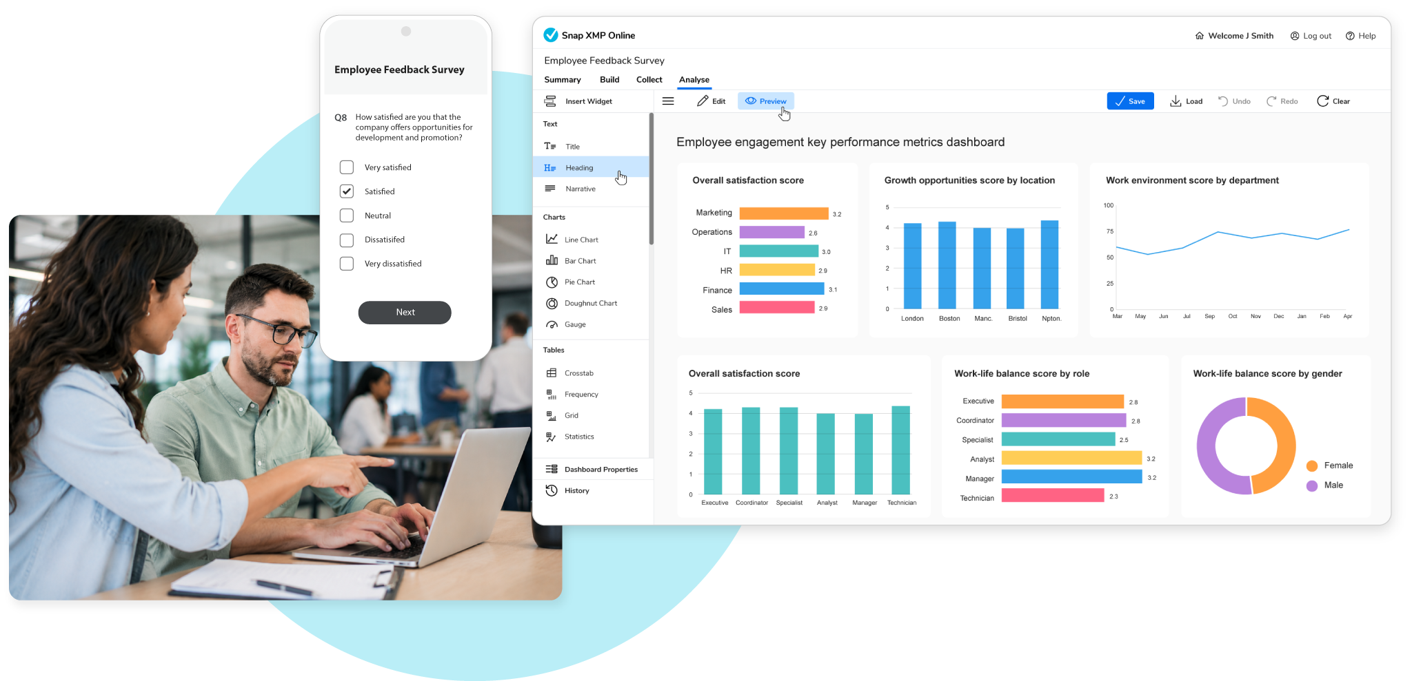 Team working on employee feedback mobile survey with survey results dashboard shown as screenshot